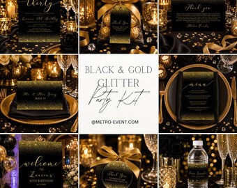 May include: A black and gold glitter party kit featuring a collection of event stationery including a birthday invitation, thank you cards, a menu, a welcome sign, gift tags, and a water bottle label, all decorated with a gold sparkle gradient.