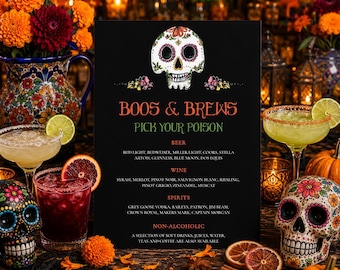 Halloween Drink Sign, Sugar Skull Bar Sign, Day of the Dead Party Decor, Editable Halloween Bar Menu, Dia de los Muertos Sign
