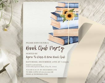 Book Club Invitation, Book Party Invitation, Vintage Book Invitation, Printable Invitation, Instant Download, Sunflower Invitation, Editable