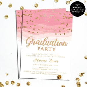 Pink and Gold Graduation Invitations, Graduation Party Invitations, College Graduate, High School Graduate, Announcements. Corjl Template
