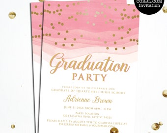 Invitaciones para fiesta de graduación en rosa y dorado: Diseño de acuarela (Plantilla Corjl)