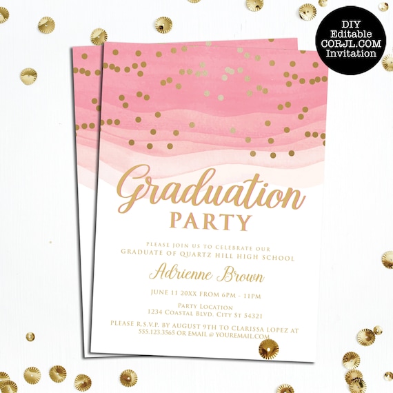 Pink and Gold Graduation Invitations, Graduation Party Invitations, College Graduate, High School Graduate, Announcements. Corjl Template Il_570xn