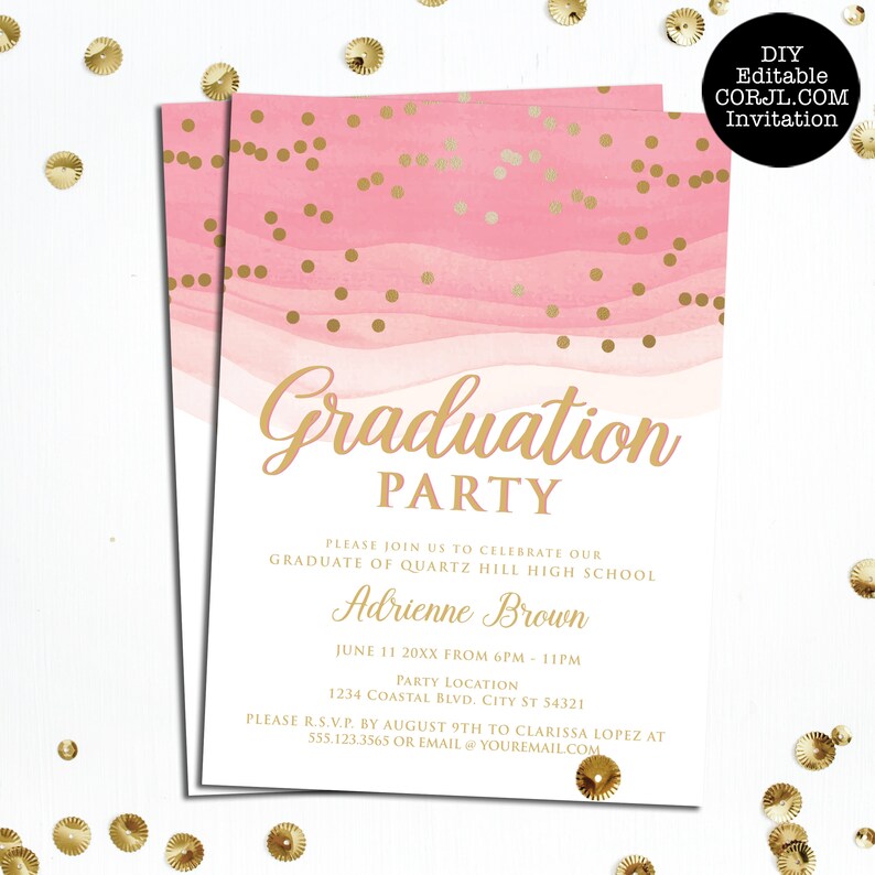 Pink and Gold Graduation Party Invitations: Watercolor Design (Corjl Template) image 1