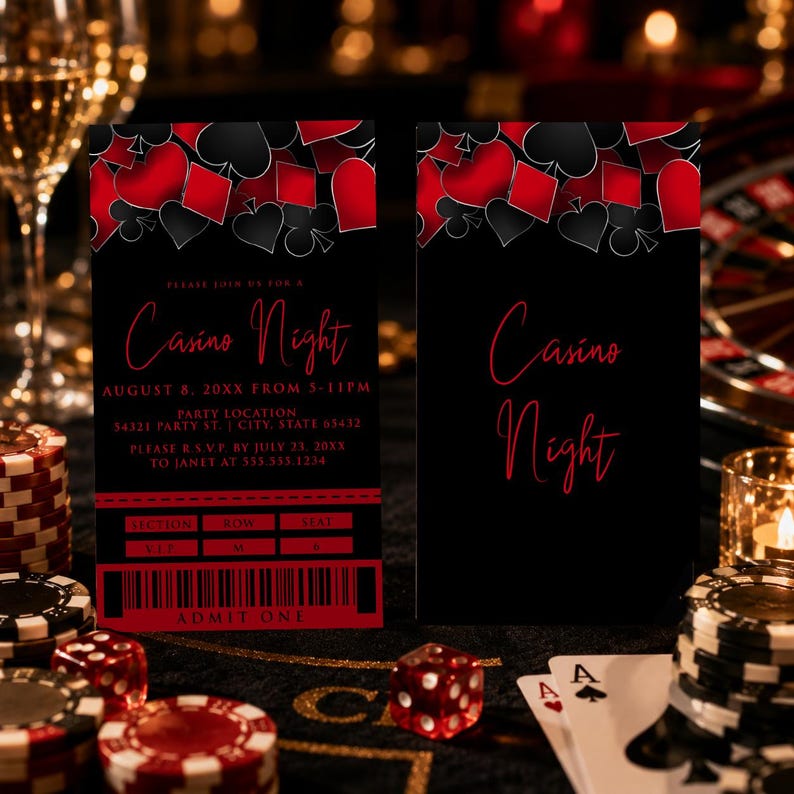 May include: Two rectangular Casino Night event invitations featuring a black background with red and black playing card suit symbols at the top. The text includes event details, a ticket-style section with a barcode, and the words Admit One.