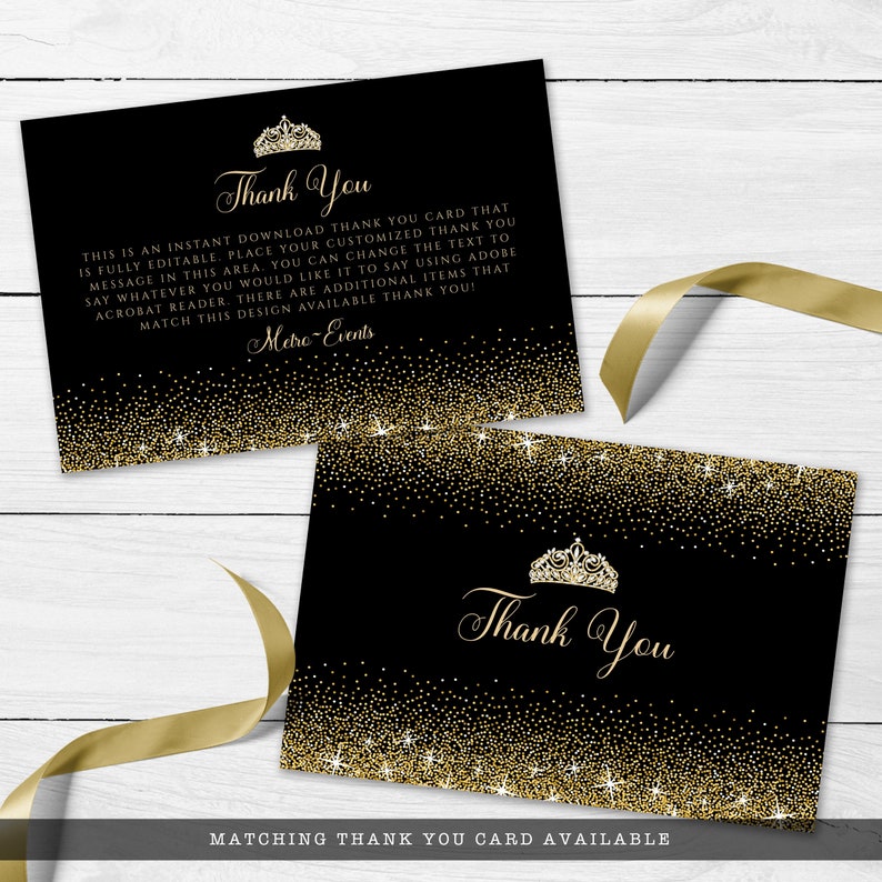 A sparkling-glam party theme, this glitzy thank you card features faux gold glitter with a diamond and gold crown accent on a black background. Designed By MetroEvents.