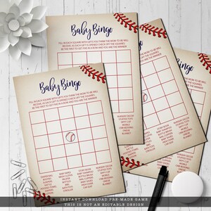 Vintage Baseball Baby Shower Bingo Game. Created with a vintage texture background accented with baseball laces. Designed by MetroEvents.