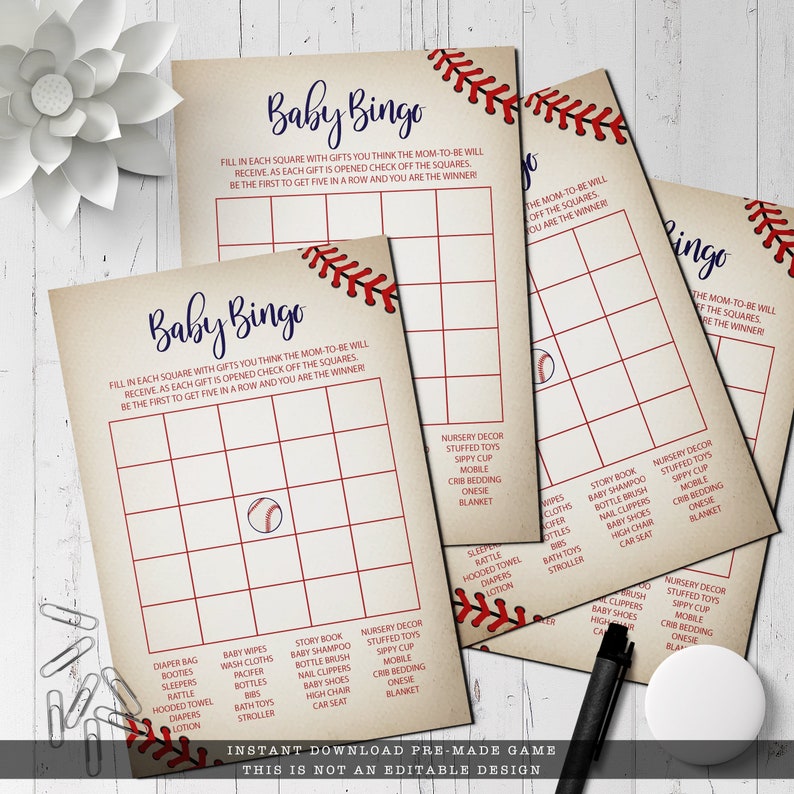 Vintage Baseball Baby Shower Bingo Game. Created with a vintage texture background accented with baseball laces. Designed by MetroEvents.