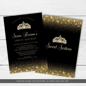 Gold and Black Glitter Sweet 16 Invitations. Designed with sparkles, faux gold glitter, and a gold crown with diamond accents for a fabulous birthday. Designed By MetroEvents