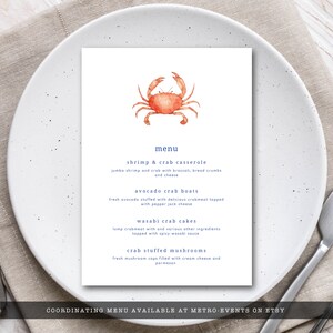 Crab Boil, Seafood Festival Dinner Menu. Featuring an orange watercolor crab with a blue striped back with a watercolor texture. Designed by MetroEvents.