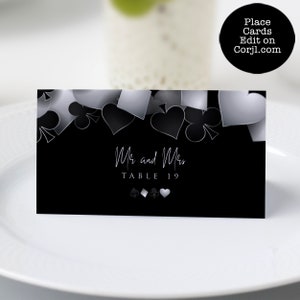 printable escort card with Customizable Corjl Template Silver and Black Casino Night with Hearts Spades Clubs Diamonds Perfect for Birthday Party Favors and Decorations
