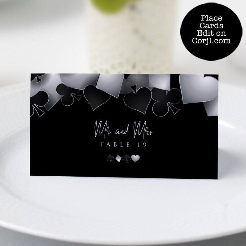 printable escort card with Customizable Corjl Template Silver and Black Casino Night with Hearts Spades Clubs Diamonds Perfect for Birthday Party Favors and Decorations