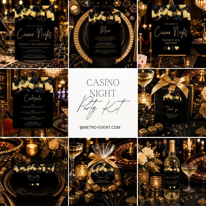 May include: A casino night party kit featuring black and gold stationery with playing card suit motifs. The set includes invitations, menus, cocktail lists, thank you tags, and wine labels, all decorated with gold hearts, spades, diamonds, and clubs.