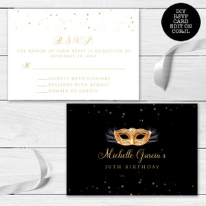 May include: Gold RSVP card with black and gold confetti. The card has the text "R.S.V.P." and "The honor of your reply is requested by November 18, 20XX".  The card also has a section for the guest to indicate if they will accept or decline the invitation and to provide the number of guests.