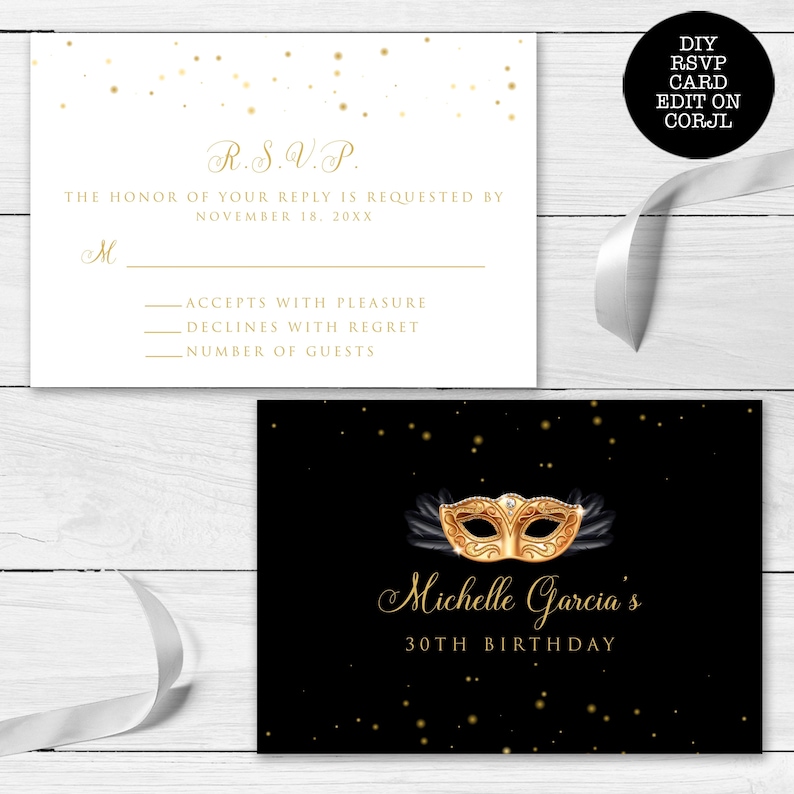 May include: Gold RSVP card with black and gold confetti. The card has the text "R.S.V.P." and "The honor of your reply is requested by November 18, 20XX".  The card also has a section for the guest to indicate if they will accept or decline the invitation and to provide the number of guests.