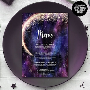 Menú Cena Galaxy, Menú Estrellado, Menú Comida, Menú Temático Espacial, Descarga Instantánea, Menú Imprimible, Plantilla Corjl, Bajo las Estrellas, Cielo Nocturno