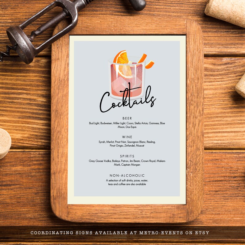 Minimalist Cocktail Menu. A classy cocktail glass garnished with an orange and retro typography. Designed by MetroEvents.