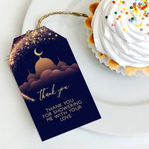Modèle d'étiquette de cadeau mille et une nuits, étiquette cadeau en or bleu marine, étiquette de cadeau de fête arabe, étiquette de remerciement lune et étoiles image 8