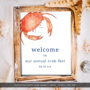 Crab Boil, Seafood Festival Party Sign. Featuring an orange watercolor crab with a blue striped back with a watercolor texture. Designed by MetroEvents.