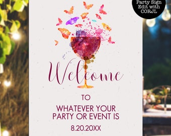 Wine Tasting Signs, Butterfly Welcome Sign, Wine Signs, Editable Menu Sign, Printable Sign, Instant Download, Corjl Template, Welcome Signs