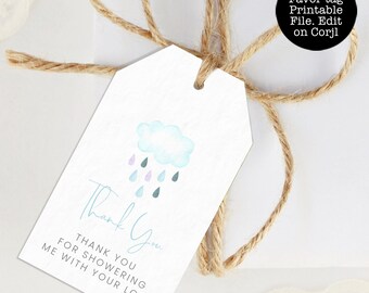 Rain Cloud Baby Shower Favor Tag: Printable Thank You Tags (Corjl Template)