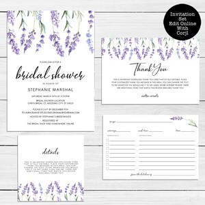 May include: A bridal shower invitation set featuring watercolor lavender sprigs in shades of purple and green. The set includes a main invitation, a thank you card, a details card, and a recipe card, all with black text on a white background.
