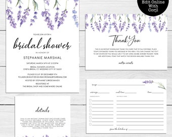 Lavender Floral Bridal Shower Invitation Set, Lavender Invitation, Purple Floral Thank You Card, Enclosure Card, Recipe Card, Corjl Template