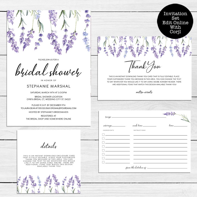 May include: A bridal shower invitation set featuring watercolor lavender sprigs in shades of purple and green. The set includes a main invitation, a thank you card, a details card, and a recipe card, all with black text on a white background.