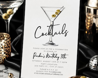 Modern Martini Party Invitation Editable Template, Black White Cocktail Party Invite, Martini Birthday Invitation, Girls Night Invite