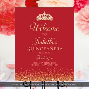 Red and Gold Glitter Signs. Designed with sparkles, faux gold glitter, gold crown with diamond, and red background accents for a fabulous birthday. Designed By MetroEvents