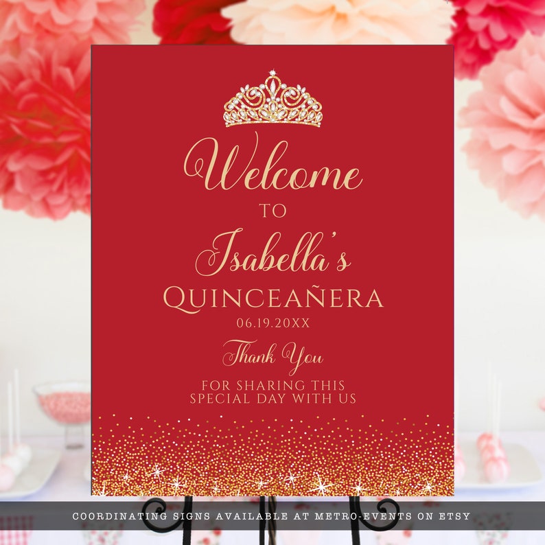 Red and Gold Glitter Signs. Designed with sparkles, faux gold glitter, gold crown with diamond, and red background accents for a fabulous birthday. Designed By MetroEvents
