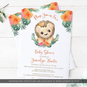May include: Baby shower invitations with a lion cub illustration, surrounded by tropical flowers and greenery. The invitations feature the text "Please Join us For a Baby Shower" and event details, including the honoree's name, date, time, and location.