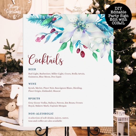 Poinsettia Drink Menu Signs, Drink Menu Template, Bar Menu Sign, Printable Bar Menu, Instant Download, Cocktail Sign, Floral Christmas Signs Il_570xn