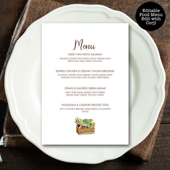 Editable Food Menu, Vegetable Garden Menu, Garden Food Menu, Veggie