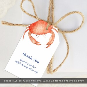 Crab Boil, Seafood Festival Favor Tag. Featuring an orange watercolor crab with a blue striped back with a watercolor texture. Designed by MetroEvents.