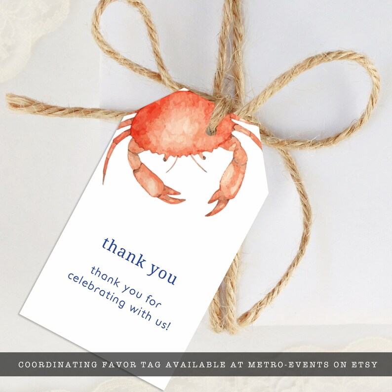 Crab Boil, Seafood Festival Favor Tag. Featuring an orange watercolor crab with a blue striped back with a watercolor texture. Designed by MetroEvents.