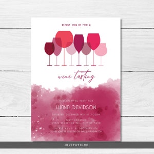 Wine Tasting Party Invitations. This modern and minimalist party set is created with monochromatic wine glasses and watercolor accents. Designed By MetroEvents.