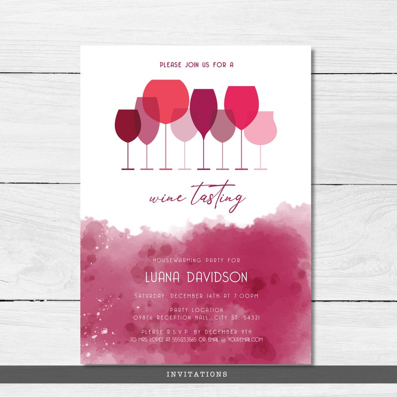 Wine Tasting Party Invitations. This modern and minimalist party set is created with monochromatic wine glasses and watercolor accents. Designed By MetroEvents.