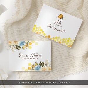 Bride-to-be Bridal Shower Bee-Themed bridesmaid card with Blue and White Flowers, Honeycomb, and Bees.