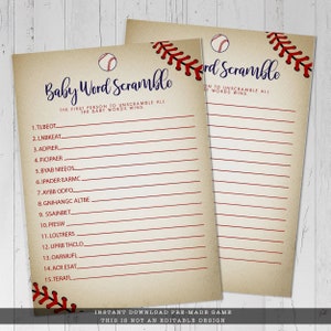 DIY, printable baby shower games. Baby word scramble is designed with a vintage baseball background. created by MetroEvents