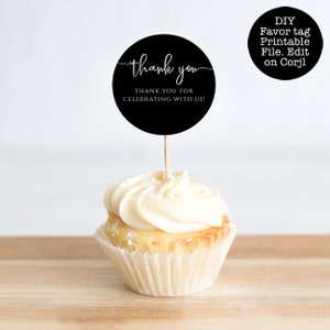 Minimalist Black and Silver Cupcake Toppers. Glamorous and Sparkling created with a black background and silver glitter accents. Designed by MetroEvents.