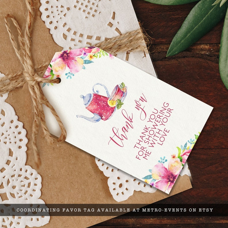 Floral Tea Party Favor Tags. Designed with a pink floral teacup and teapot with floral accents on a lightly textured background. Designed By MetroEvents