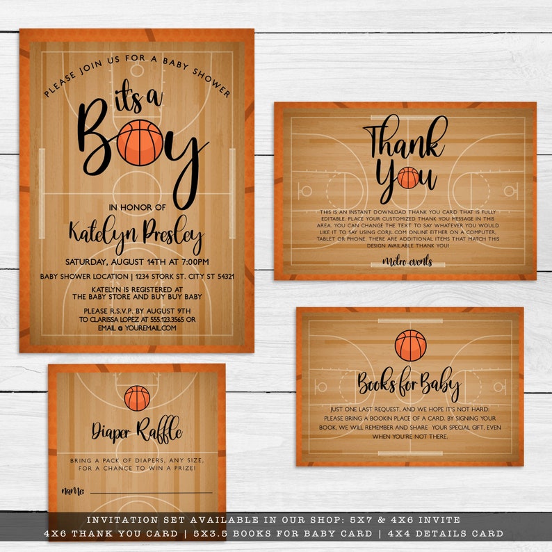 May include: A basketball-themed baby shower invitation set featuring a wood court design with orange basketball graphics. The set includes an invitation, thank you card, diaper raffle card, and books for baby card with black text.