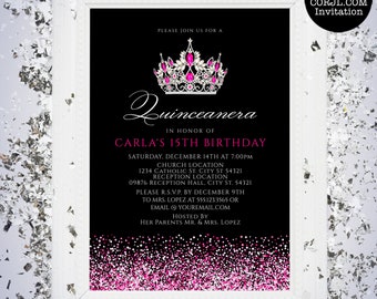 Black and Hot Pink Glitter Quinceanera Invitations, Quinceañera Invitations, Mis Quince Invitations, Printable Invitations, Instant Download
