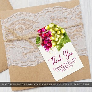 Housewarming, book club, girls' night? Wine night is a perfect theme for many occasions. This favor tag is red and green grapes with a watercolor texture on a lightly textured background.