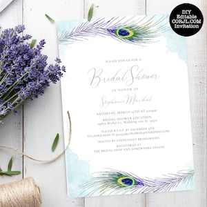 Peacock Bridal Shower Invitations, Bridal Shower Printable, Purple and Teal Invite, Printable Invitations, Instant Download, Corjl Template