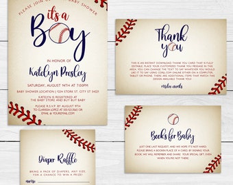Vintage Baseball Baby Shower Bundle | Invitation | Thank You Card | Enclosure Card | Diaper Raffle Card | Baby Shower Boy | Sports Shower
