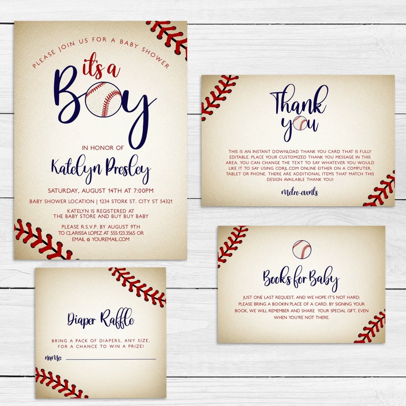 Vintage Baseball Baby Shower Invitation Kit. Invitations, Thank you Cards, Books for Baby, Diaper Raffle Cards. MetroEvents Party Decor
