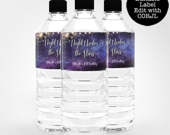 Night Under the Stars Water Bottle Labels, Beverage Label, Editable Label, Printable Bottle Label, Star Label, Corjl Template, Galaxy Themed
