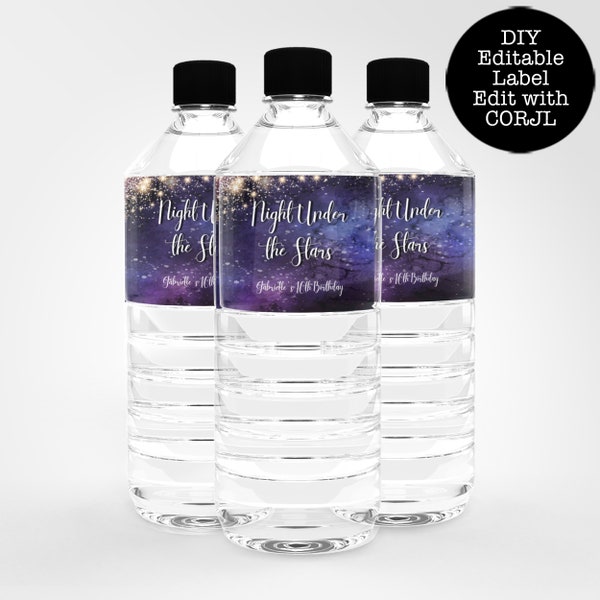 Night Under the Stars Water Bottle Labels, Beverage Label, Editable Label, Printable Bottle Label, Star Label, Corjl Template, Galaxy Themed