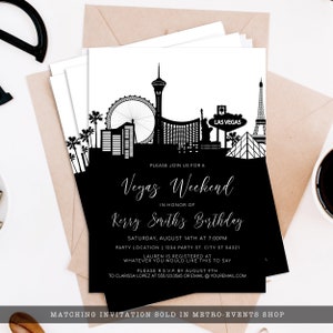 Vegas Baby! This black-and-white invitation is created with a silhouette of the Las Vegas Skyline. Perfect for your Vegas vacation. Designed By MetroEvents.